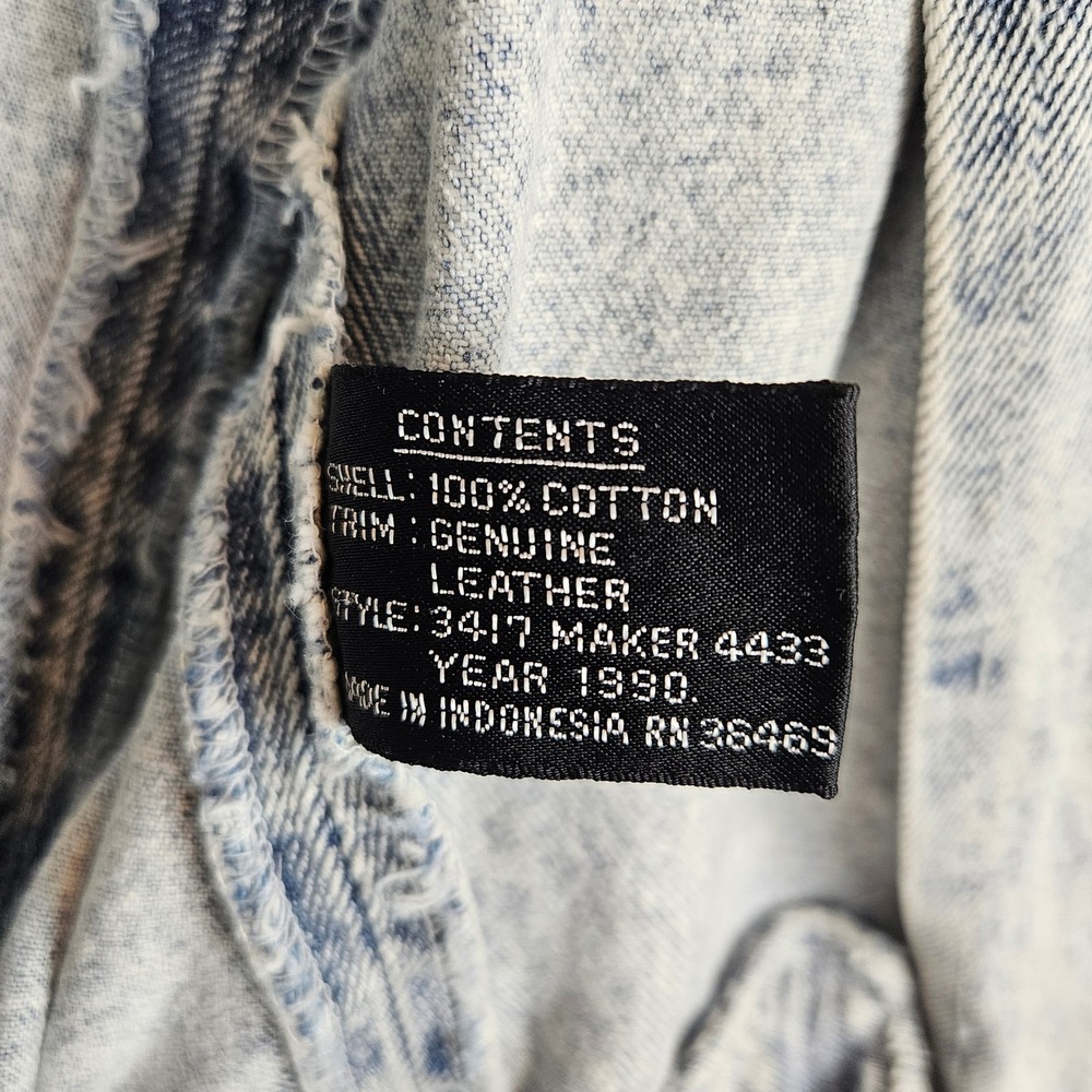 Sergio Valente acid-washed blue‎ denim jacket white leather fringe trim, size S - Picture 6 of 7